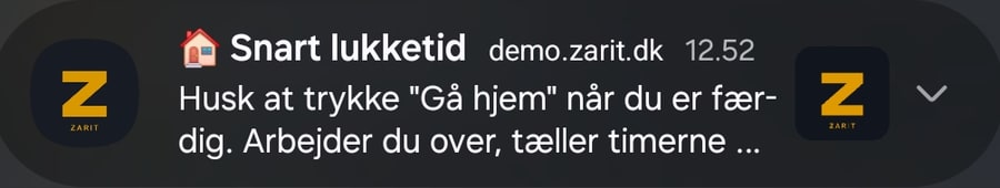 Notifikation fra Zarit: Snart lukketid