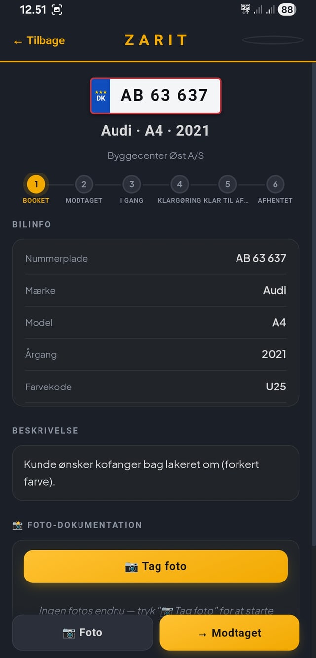 Opgave med status-stepper og fotodokumentation i Zarit-appen