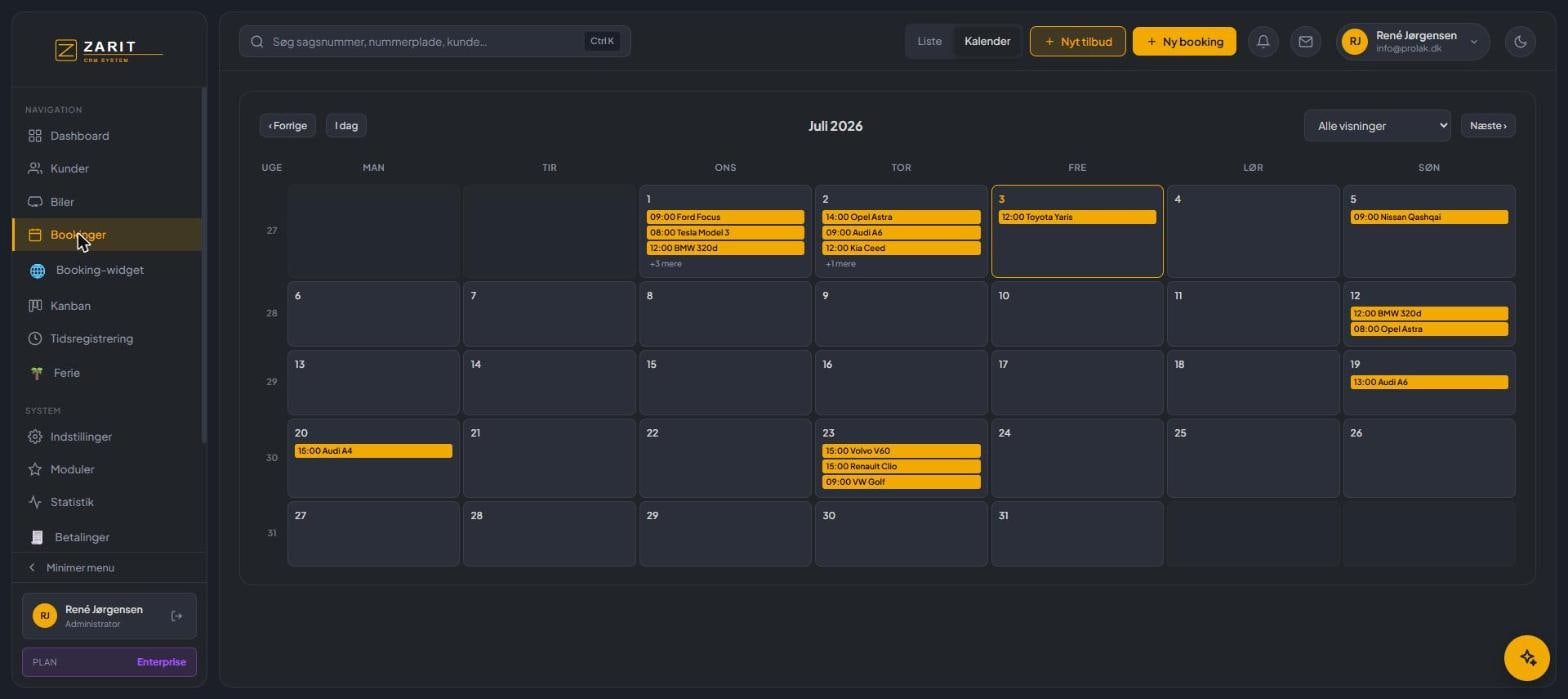 Booking-kalender i Zarit CRM